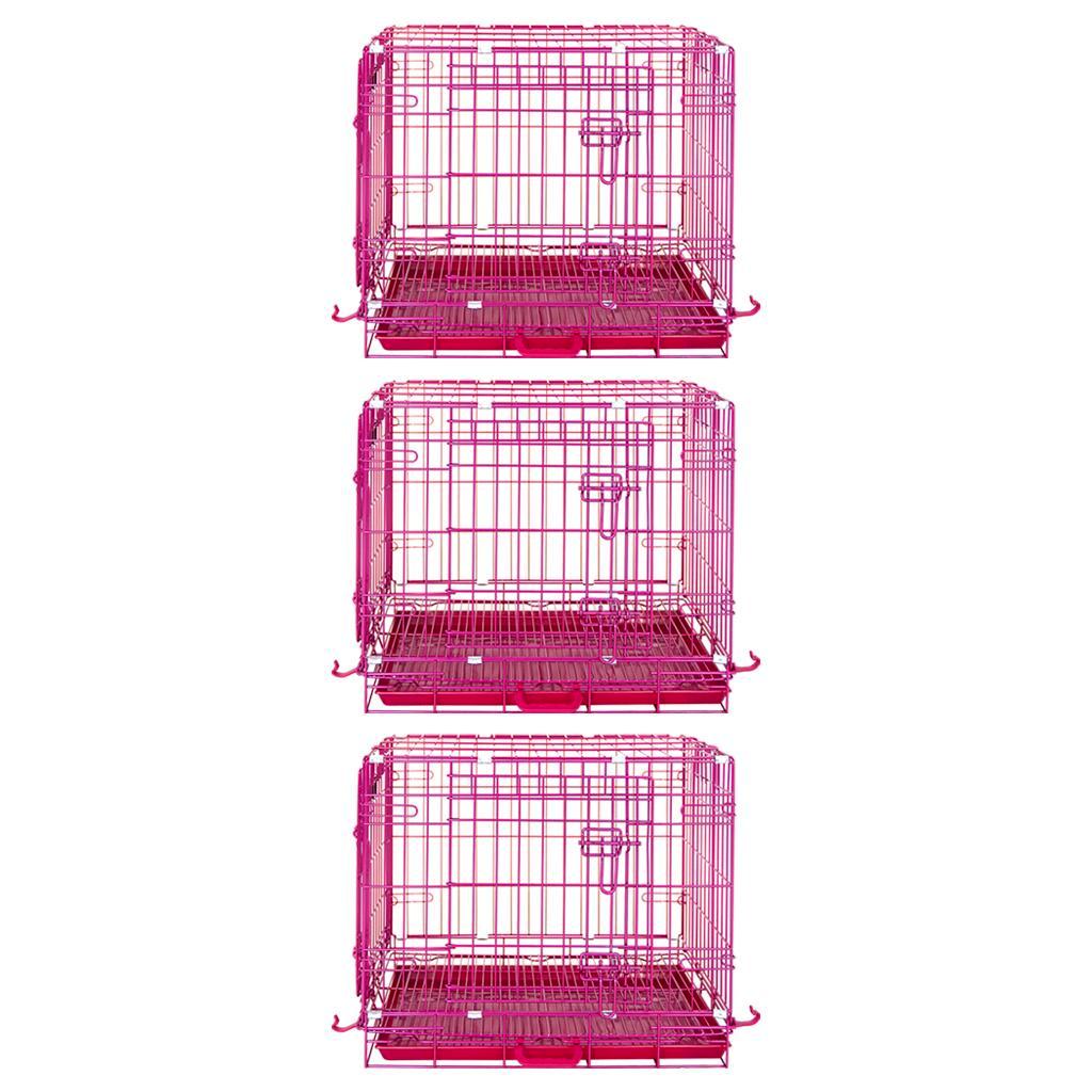 Three pink pet crates stacked on a white background