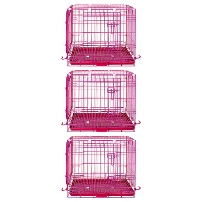 Three pink pet crates stacked on a white background
