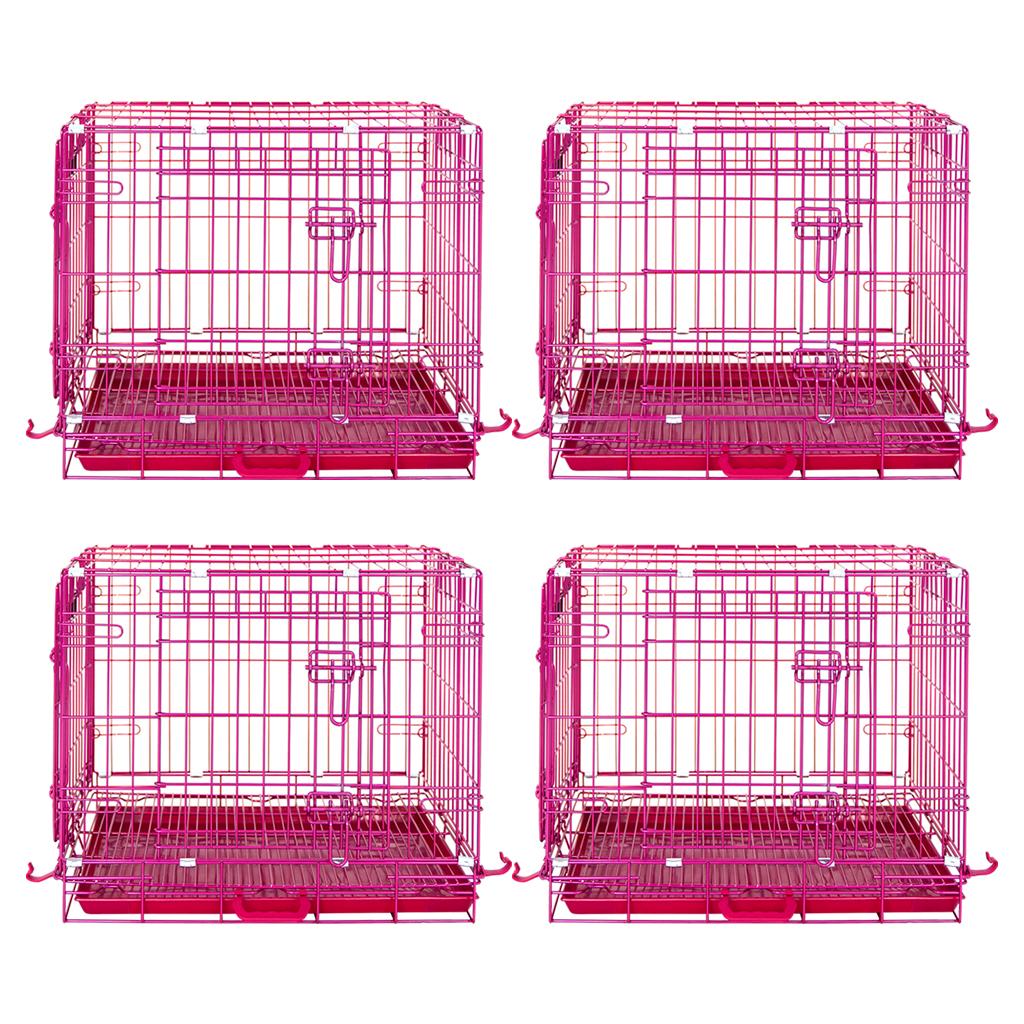 Four pink metal dog crates on a white background