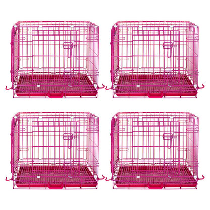 Four pink metal dog crates on a white background