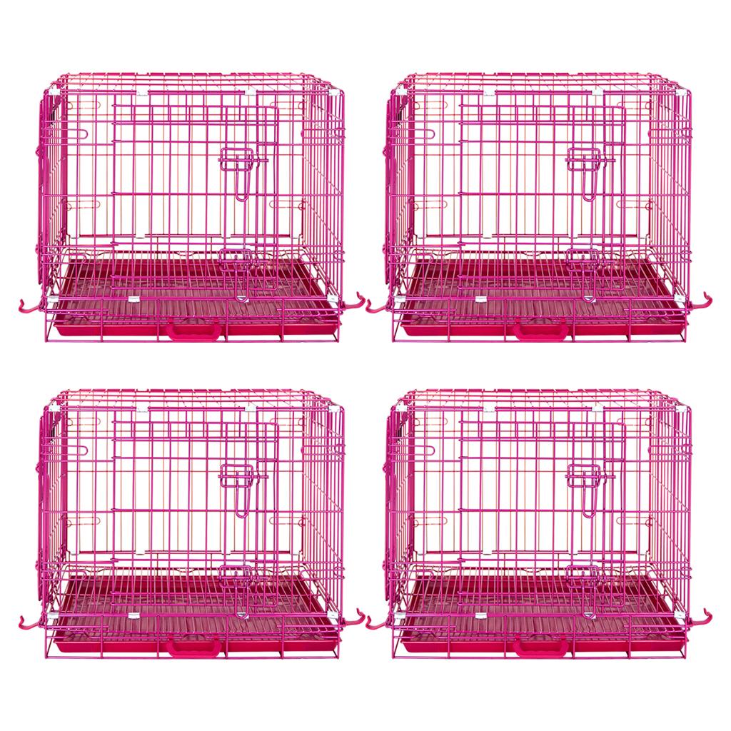 Four pink metal pet crates on a white background