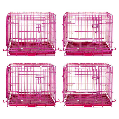 Four pink metal pet crates on a white background