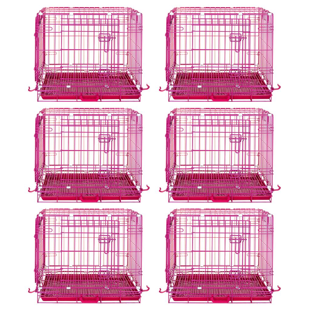 Six pink pet crates arranged in two rows on a white background