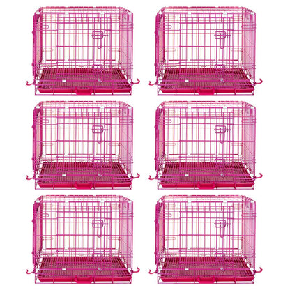 Six pink pet crates arranged in two rows on a white background