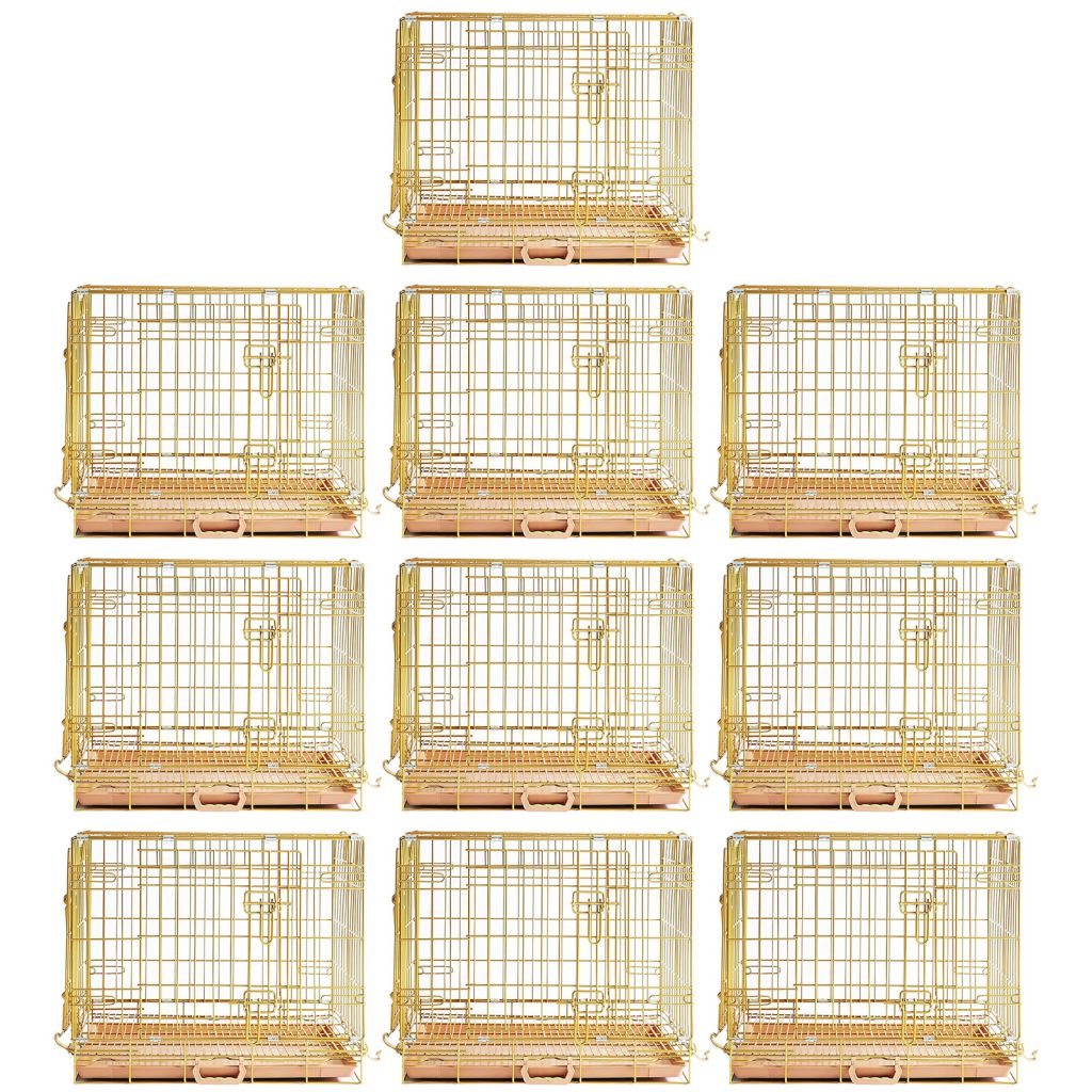 Gold bird cages arranged in a grid on a white background