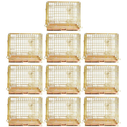 Gold bird cages arranged in a grid on a white background