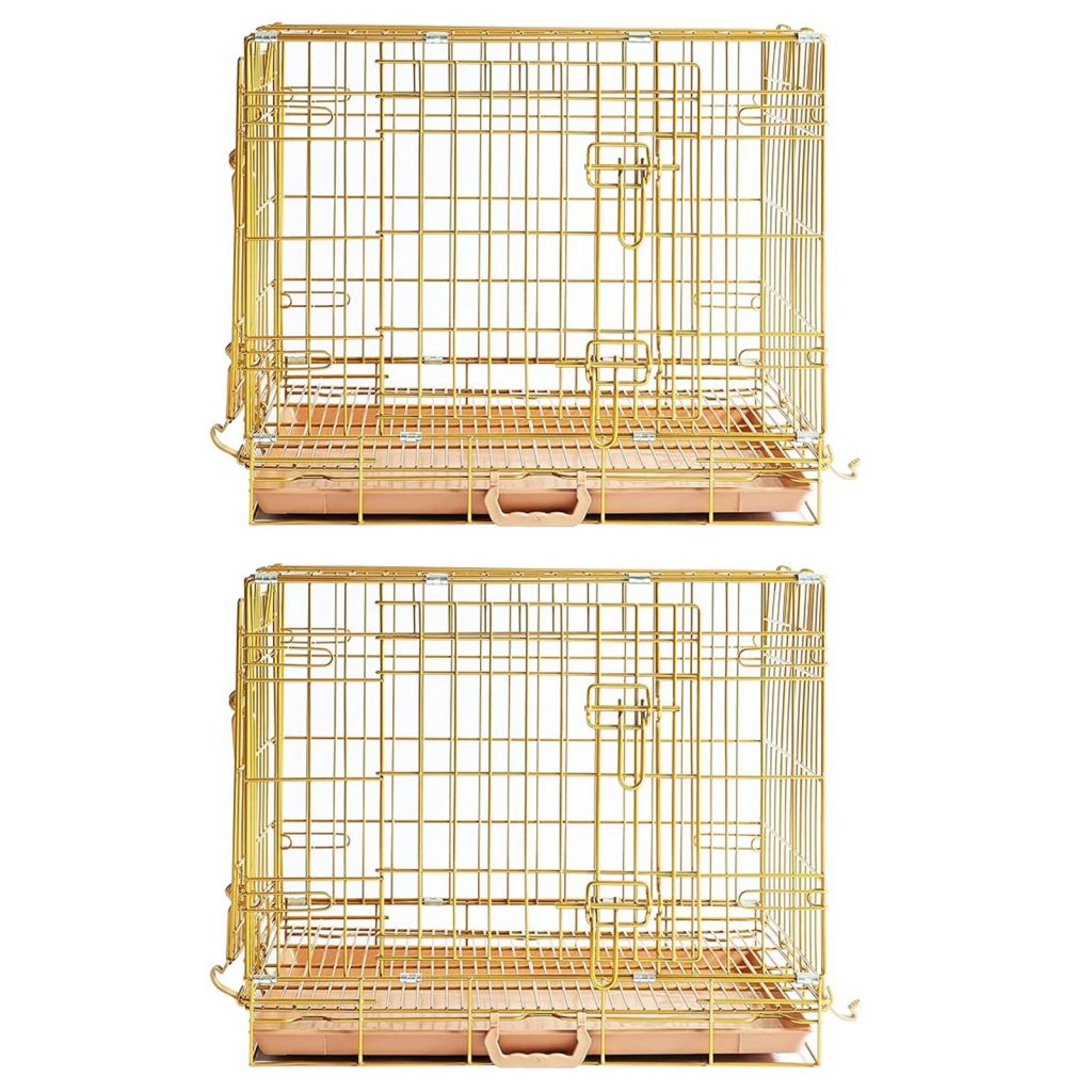 Two gold wire pet cages on a white background
