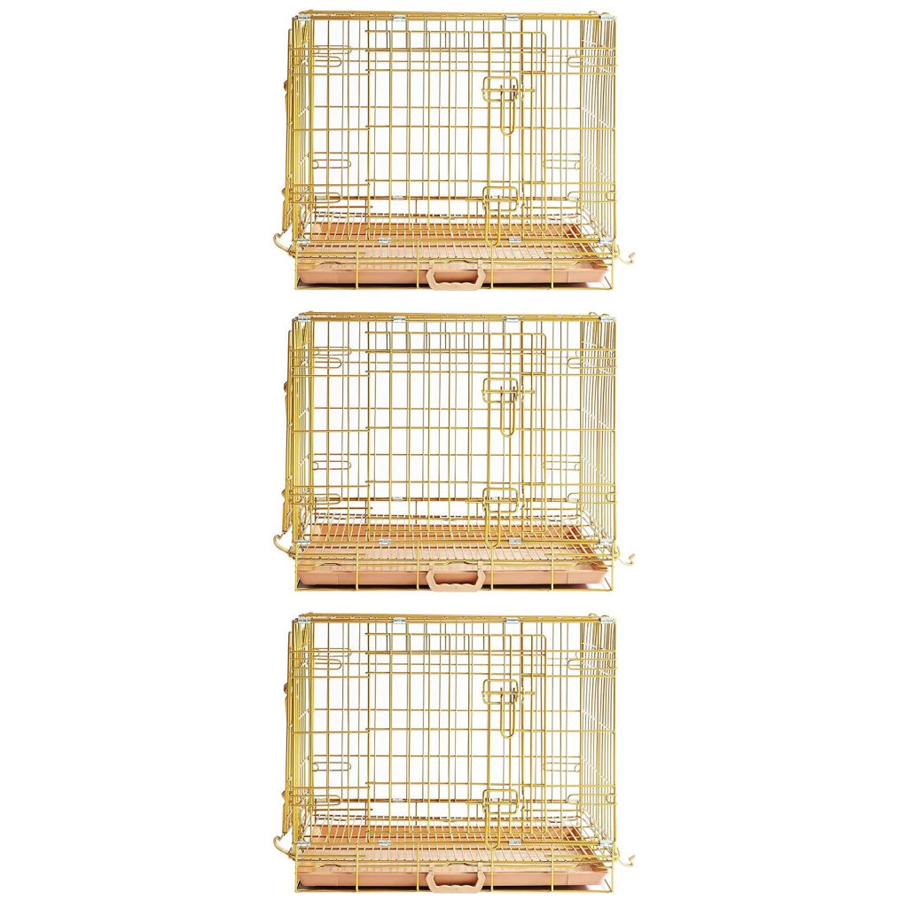 Three gold wire pet cages of different sizes on a white background