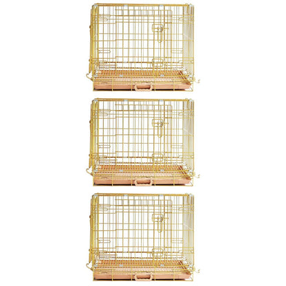 Three gold wire pet cages of different sizes on a white background