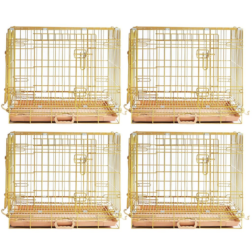 Four gold wire bird cages on a white background