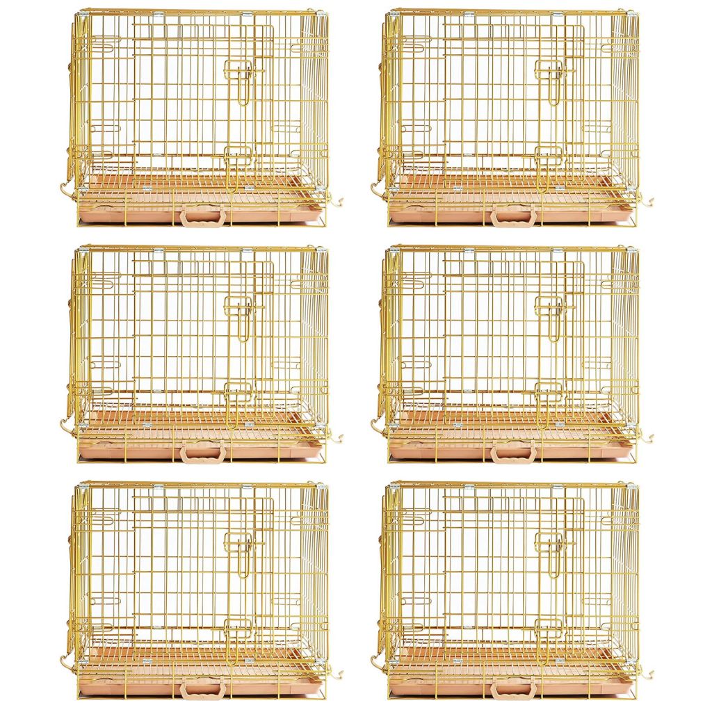 Set of six gold bird cages on a white background