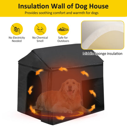 Dog house with insulation features and a dog inside, highlighting comfort and warmth.