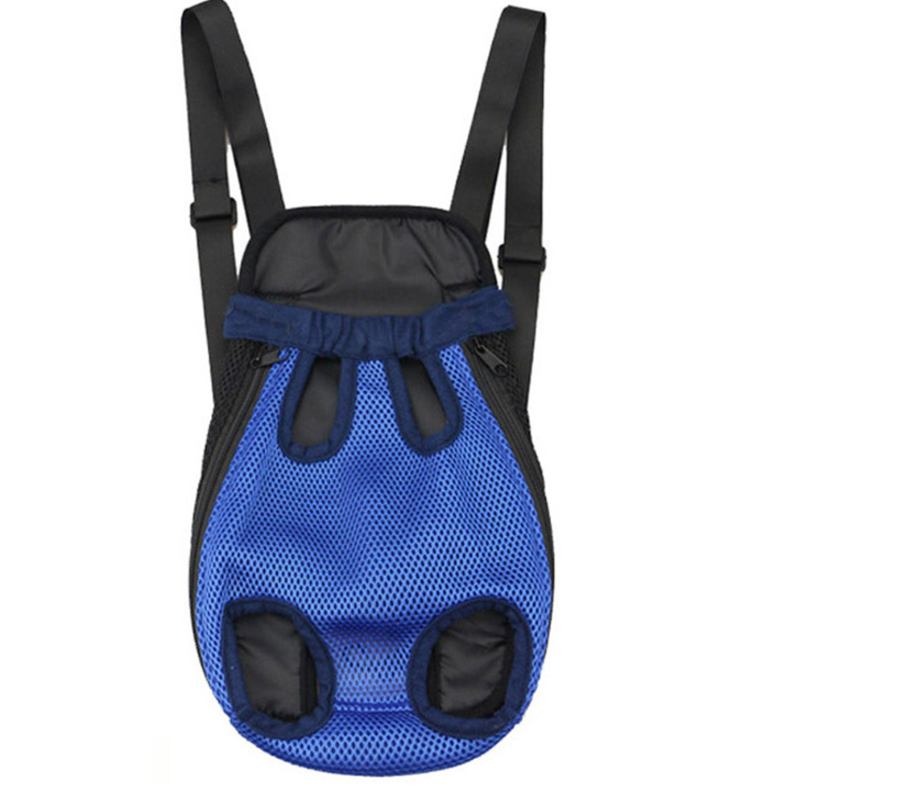 Blue pet carrier with black straps on a white background