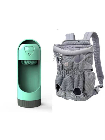 Green pet water bottle and gray pet carrier on a white background