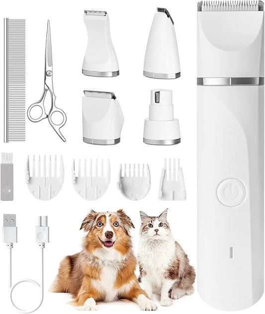 Pet grooming tool set with various attachments and two pets on a white background