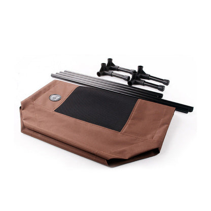Brown carrying case with black interior and extendable metal rods on a white background