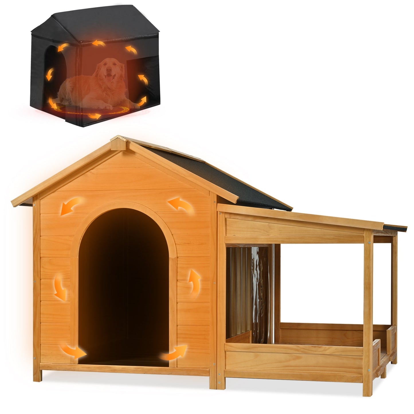 Wooden dog house with a small inset image of a dog inside a black box.
