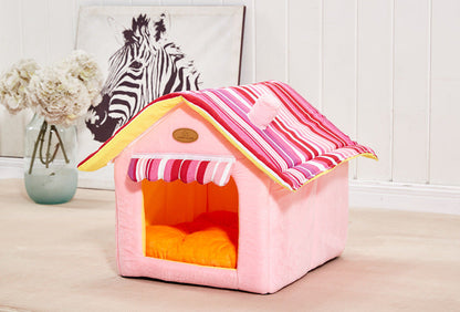 Pink striped pet house on a wooden floor with a zebra painting in the background