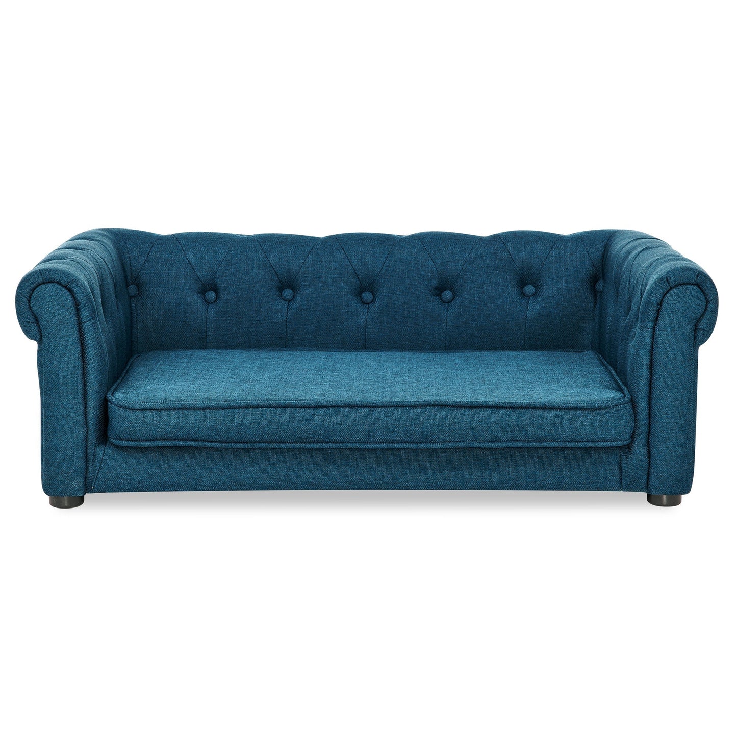 Blue tufted sofa on a white background