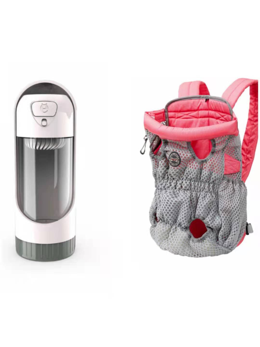 White and gray water bottle with pink and gray backpack on a white background