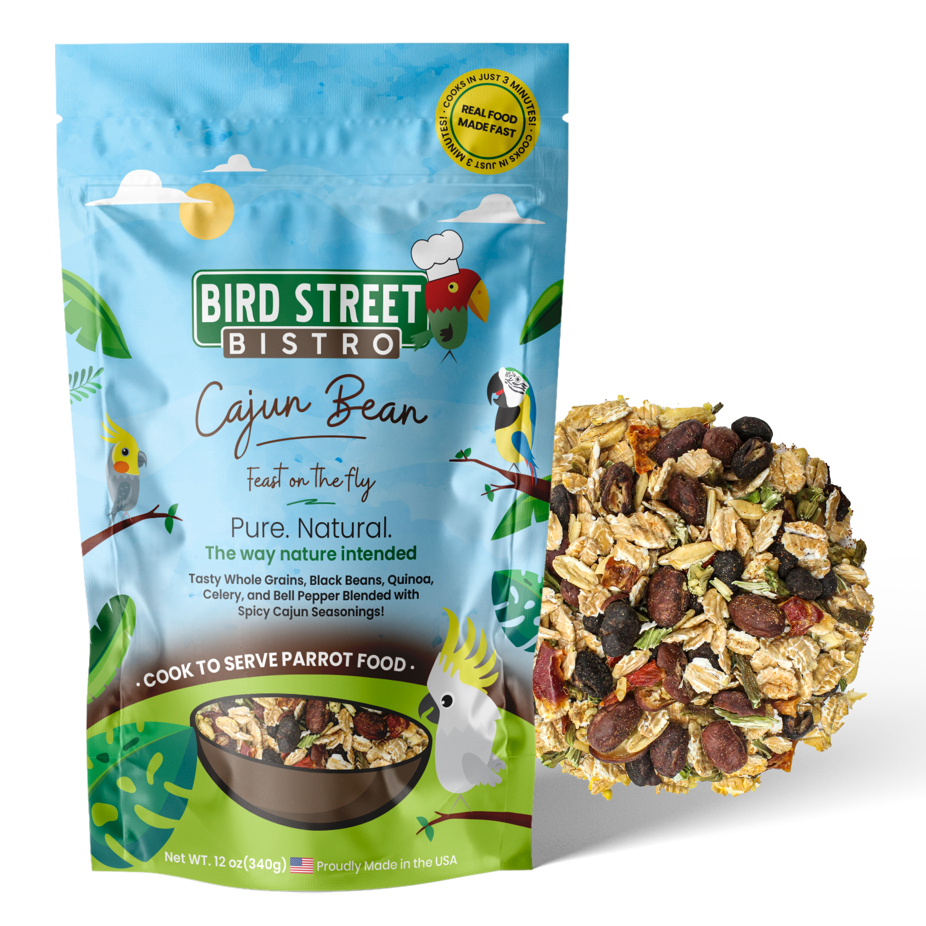 Bird Street Bistro Cajun Bean parrot food package with a sample of the food on a white background