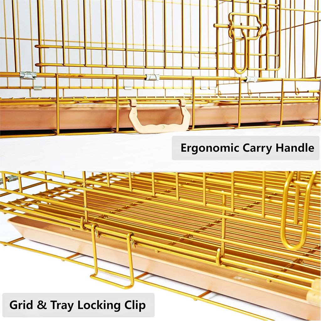 Gold bird cage with ergonomic carry handle and grid & tray locking clip on a white background