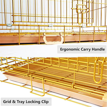 Gold bird cage with ergonomic carry handle and grid & tray locking clip on a white background