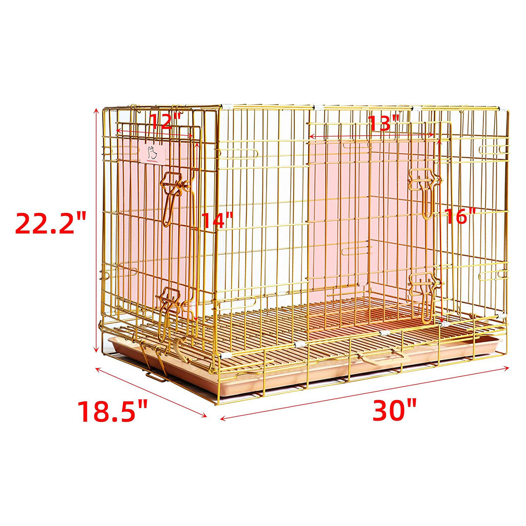 Gold dog crate with dimensions marked on a white background