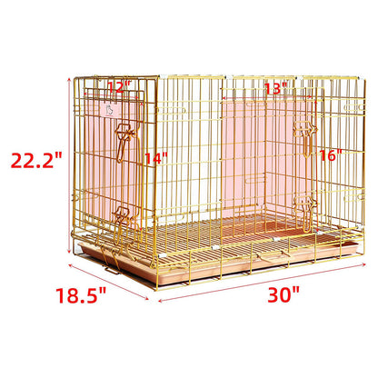 Gold dog crate with dimensions marked on a white background