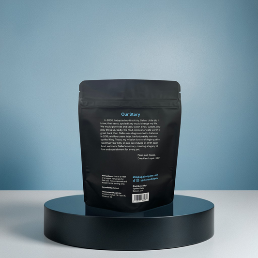 Black packaging on a black stand with a blue gradient background