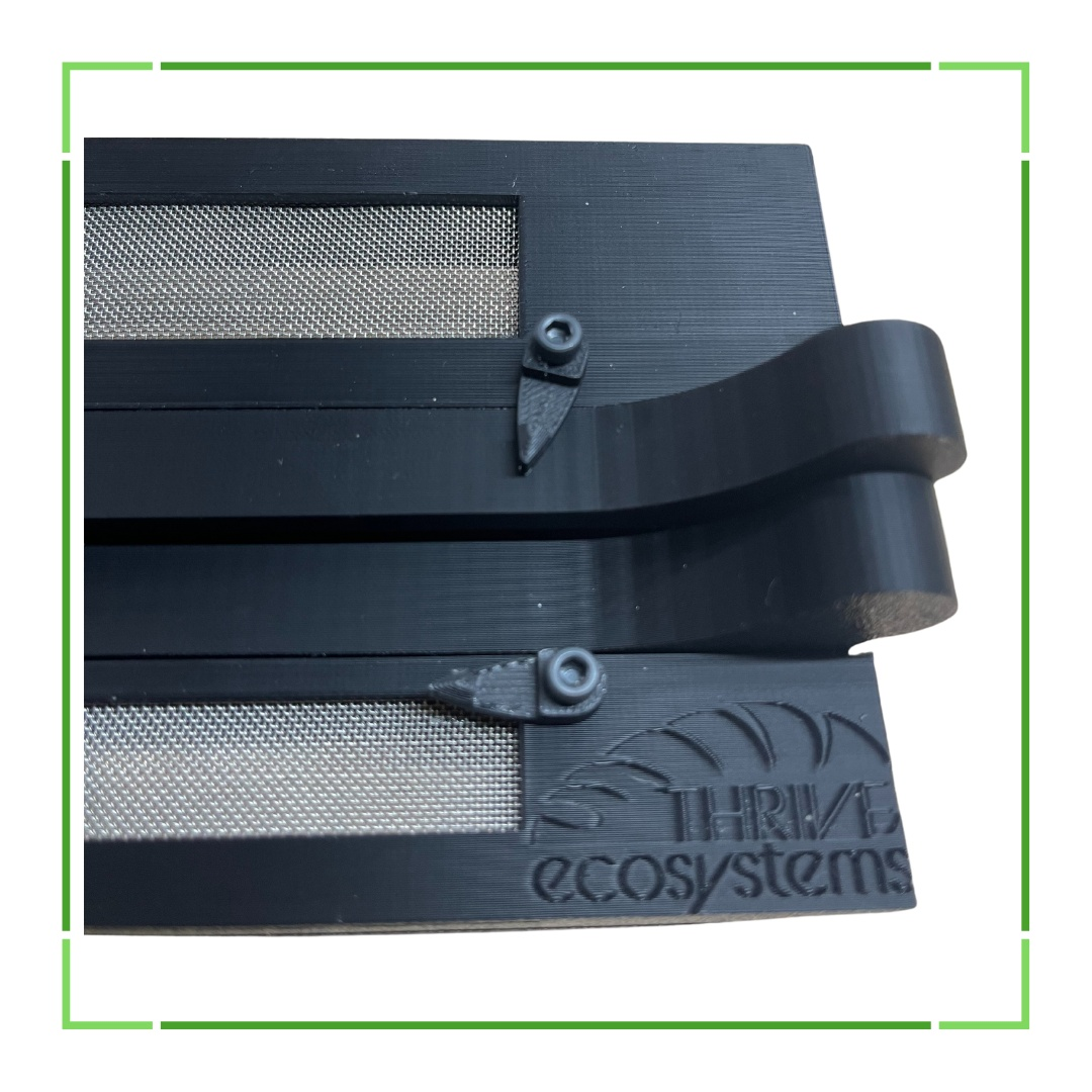 Black mesh screen with clips and 'Thrive Ecosystems' branding on a white background