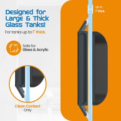 Product packaging for a glass tank cleaning tool with text and graphics on an orange and white background.