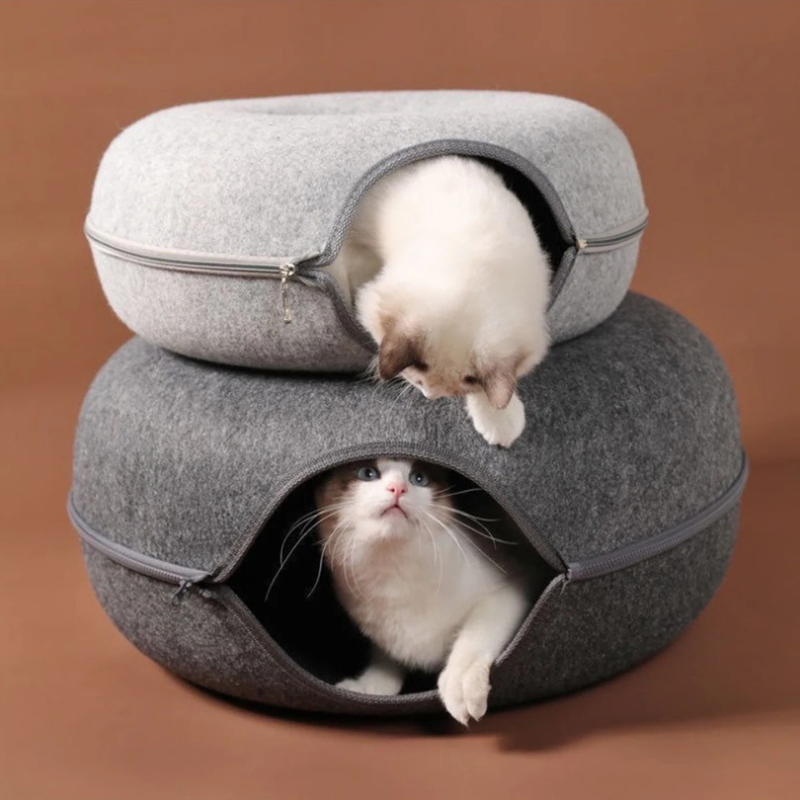 Felt Donut Cat Bed with Tunnel and Hideaway