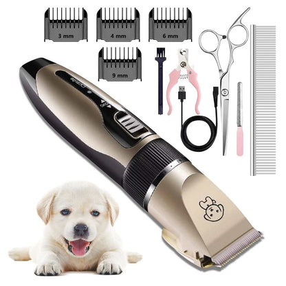 Pet grooming kit with hair trimmer, attachments, and tools on a white background