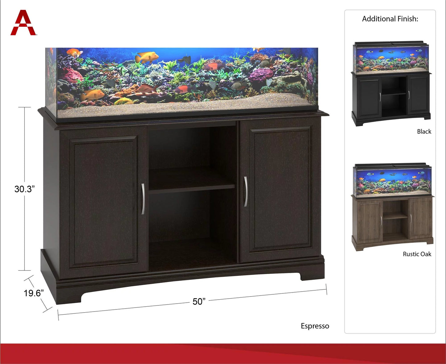 Furniture with aquarium on top, showing dimensions and color options.