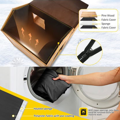 Wooden laundry basket with fabric cover and sponge, showing assembly and usage steps.