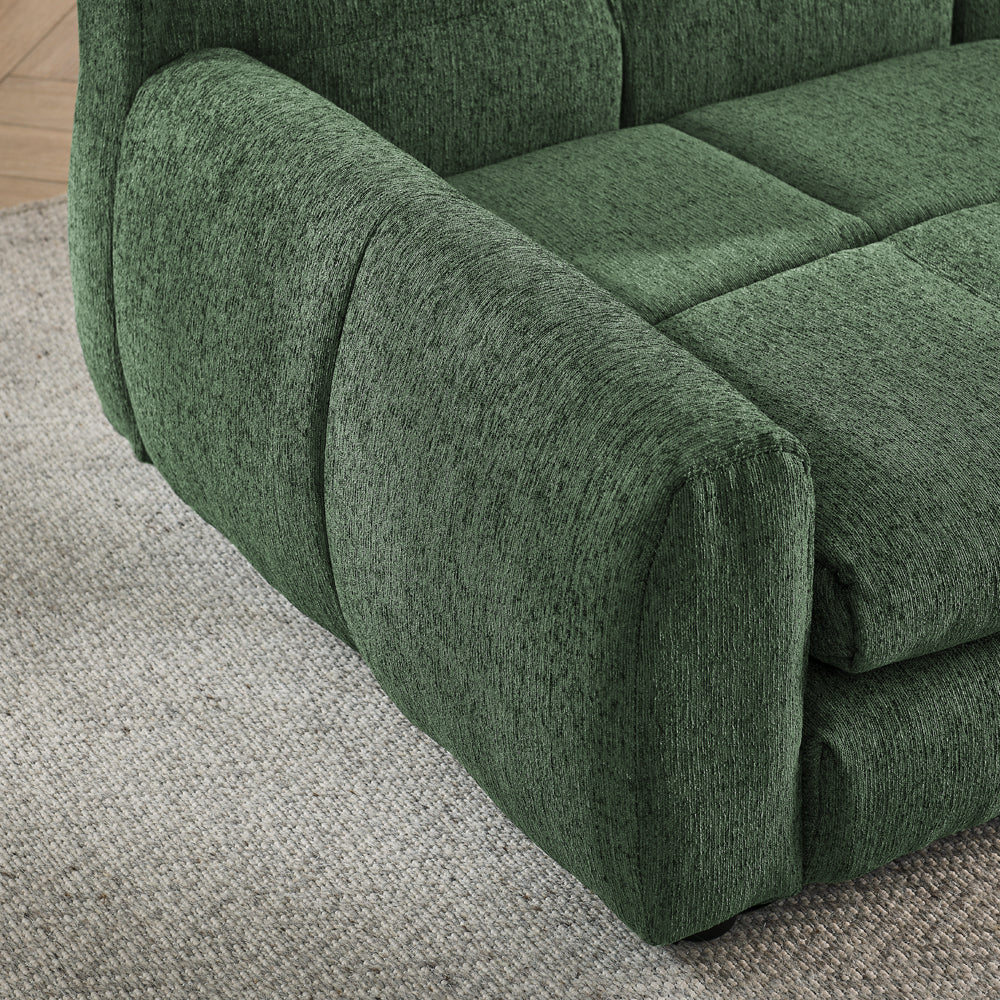 Green upholstered chair on a carpeted floor