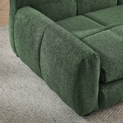 Green upholstered chair on a carpeted floor
