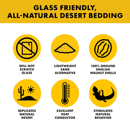 Promotional graphic for all-natural desert bedding with icons and text on a yellow background.