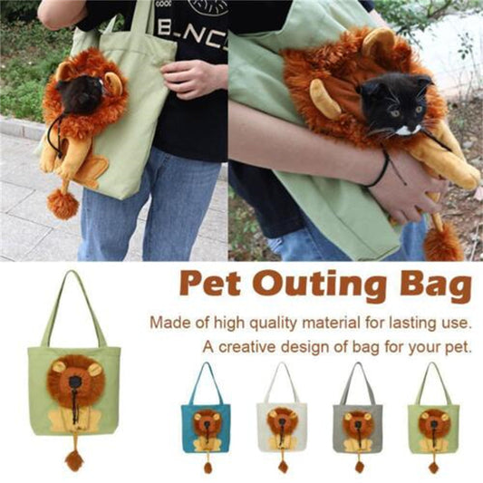 Pet Outing Bag with lion design held by a person, with additional images of the bag and text about its quality and design.