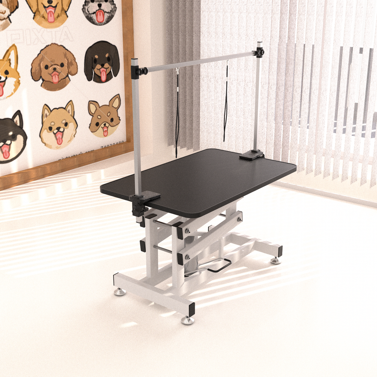 Pet grooming table with adjustable arm in a room with framed dog portraits on the wall.