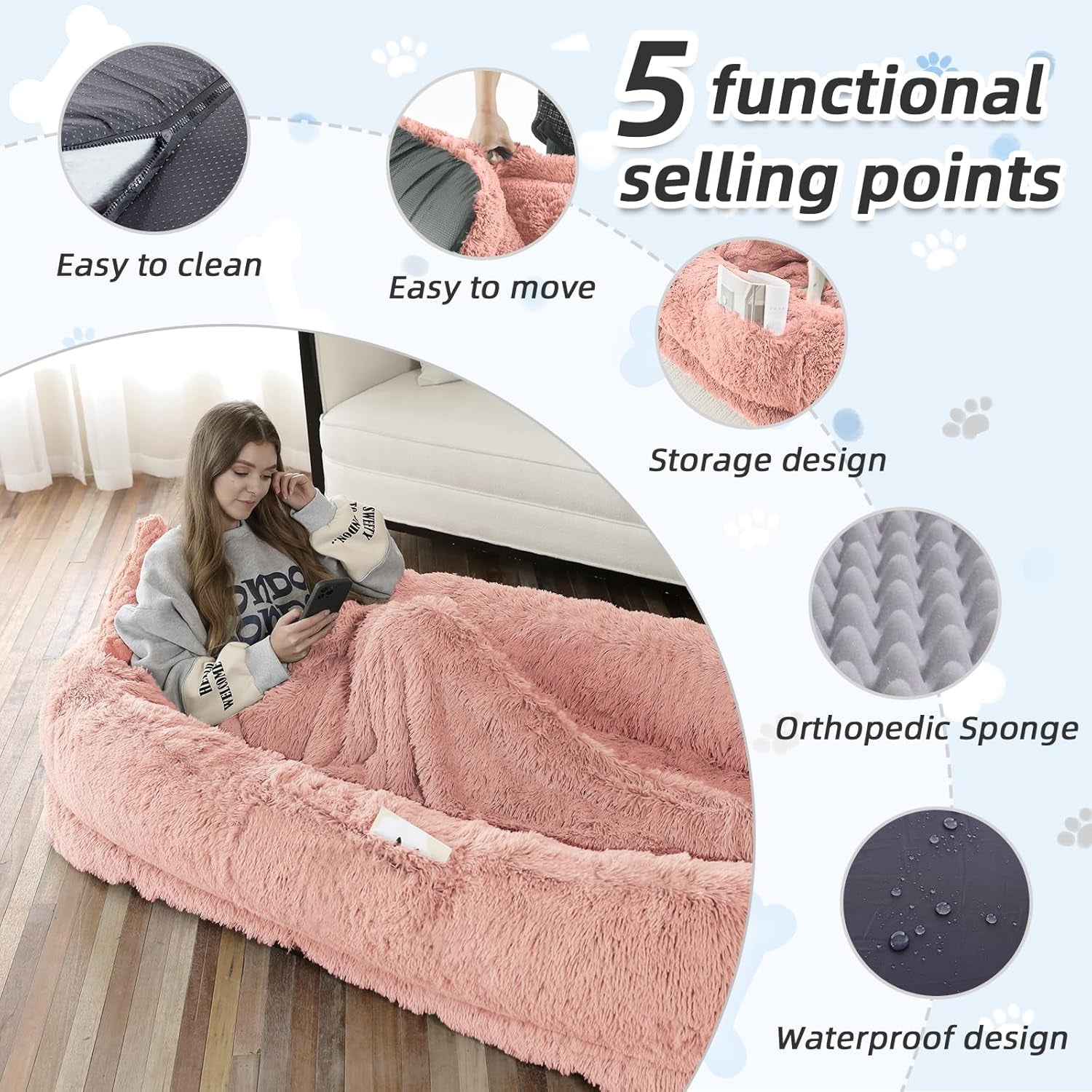 Pink bean bag chair with a girl sitting on it, surrounded by five functional selling points.