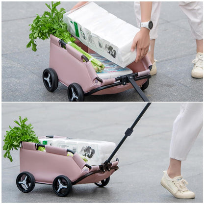 Collage of a pink folding cart being used to carry groceries and a plant on a pavement.