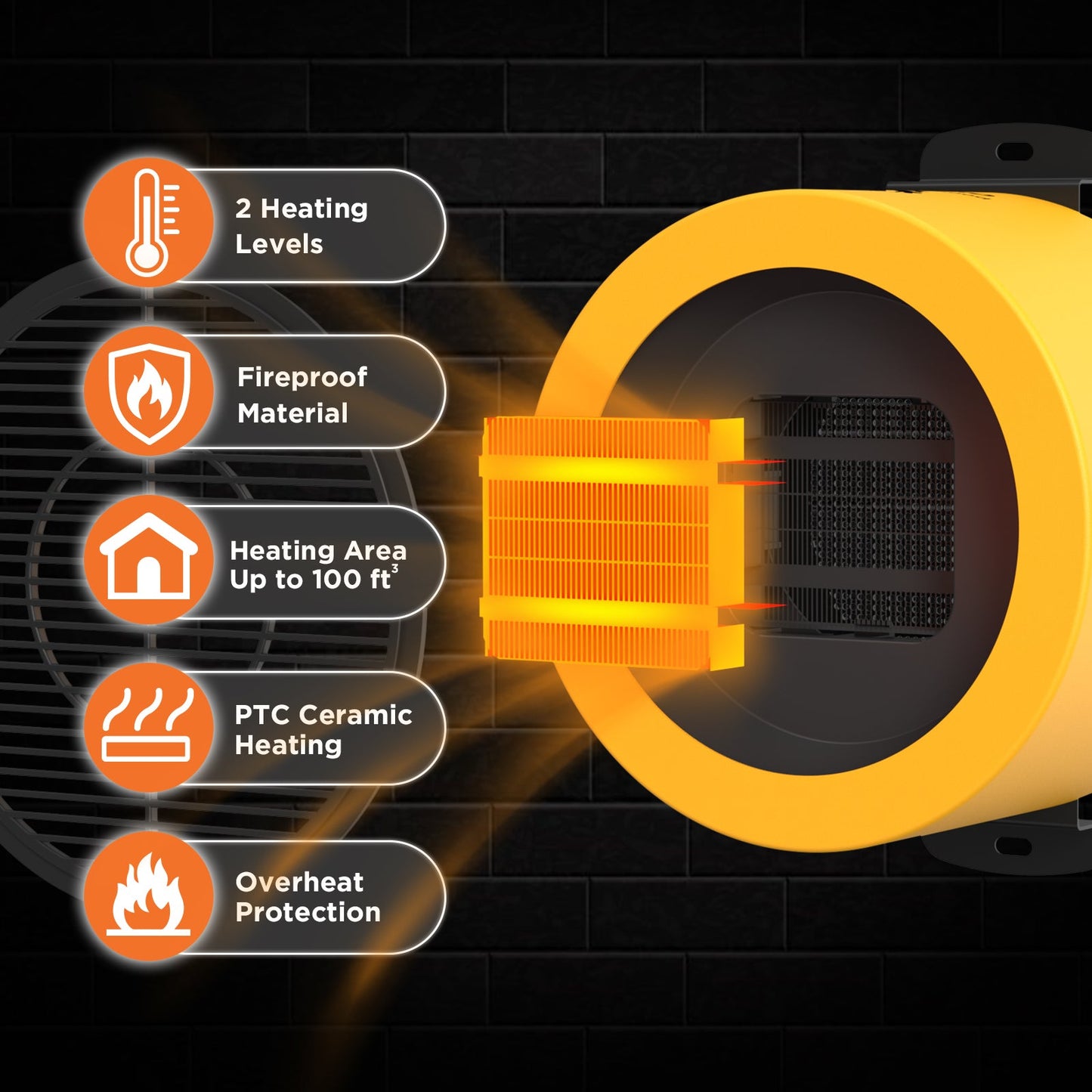 Yellow portable heater with features listed on a dark background