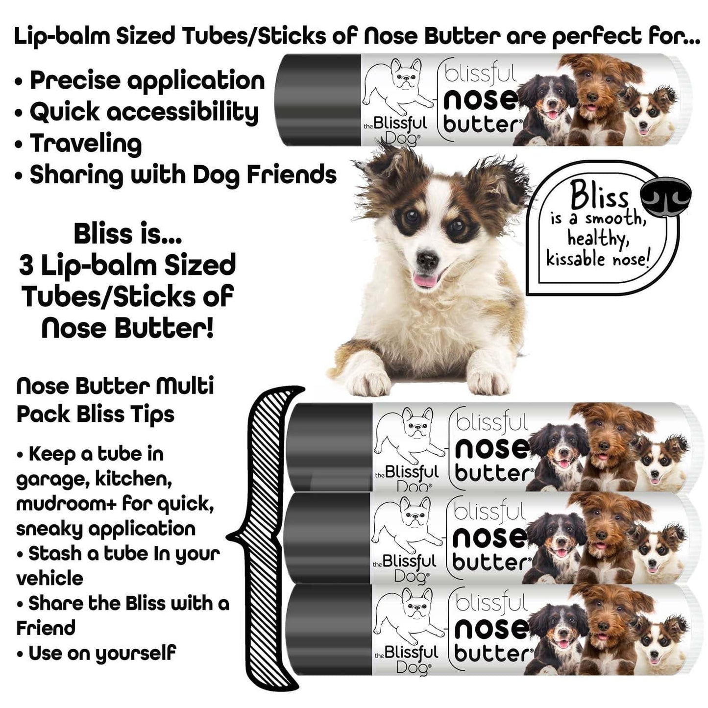 Blissful Nose Butter packaging with a dog and product information text.