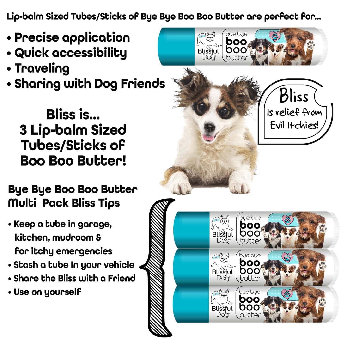 Dog product packaging with text about Bye Bye Boo Boo Butter for dog care.
