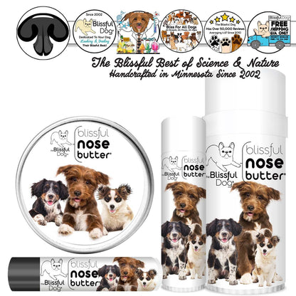 Blissful Nose Butter products with images of dogs and branding elements on a white background.