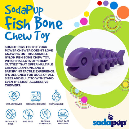 SodaPup Fish Bone Chew Toy packaging with product image and features listed.