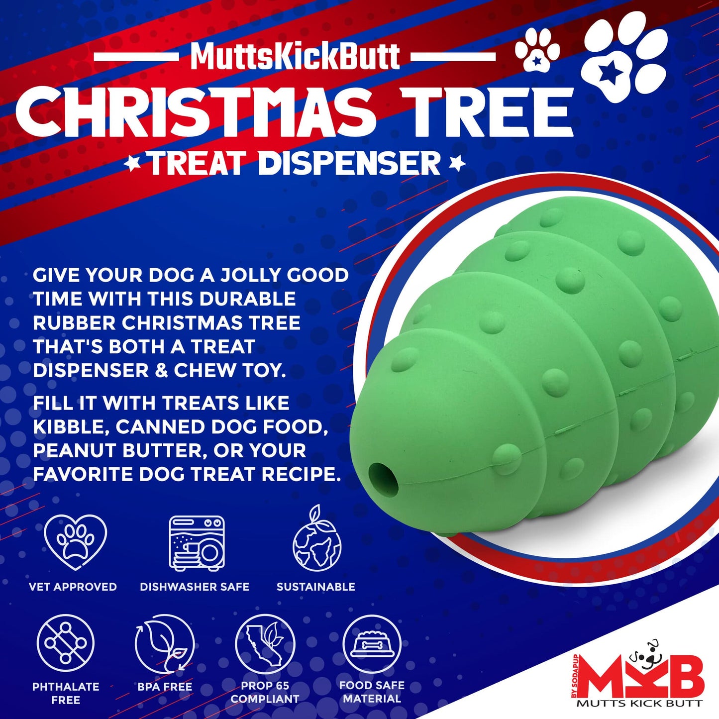 Green Christmas tree treat dispenser for dogs on a colorful promotional background