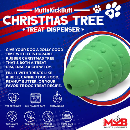 Green Christmas tree treat dispenser for dogs on a colorful promotional background